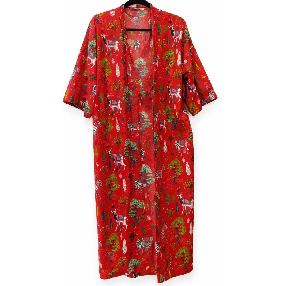 Print fresh womens medium organic cotton robe duster antelope forest red safari